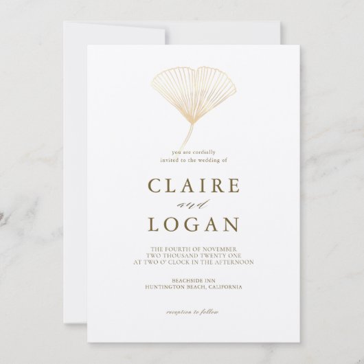 Invitation Mariage blanc Gold Ginkgo Leaf (Devant)