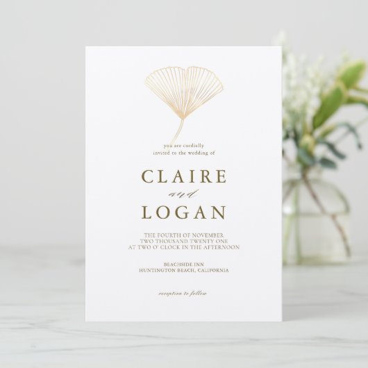 Invitation Mariage blanc Gold Ginkgo Leaf (Debout devant)
