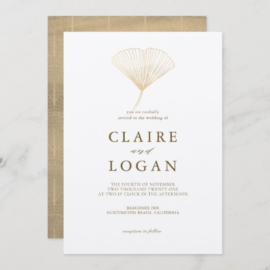 Invitation Mariage blanc Gold Ginkgo Leaf (Devant / Derrière)