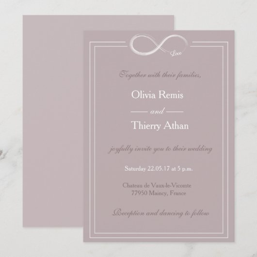 Invitation Mariage blanc gris clair unique signe d'infini (Devant / Derrière)
