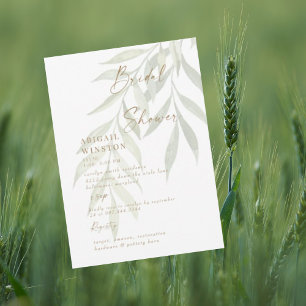 Invitation Mariage Blanc Moderne avec Texte en Or et Verdure