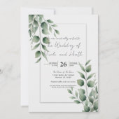Invitation Mariage Blanc Moderne avec un Minimum de Feuillage (Devant)