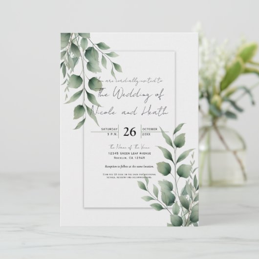 Invitation Mariage Blanc Moderne avec un Minimum de Feuillage (Debout devant)