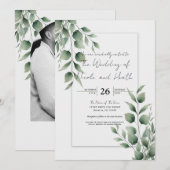 Invitation Mariage Blanc Moderne avec un Minimum de Feuillage (Devant / Derrière)