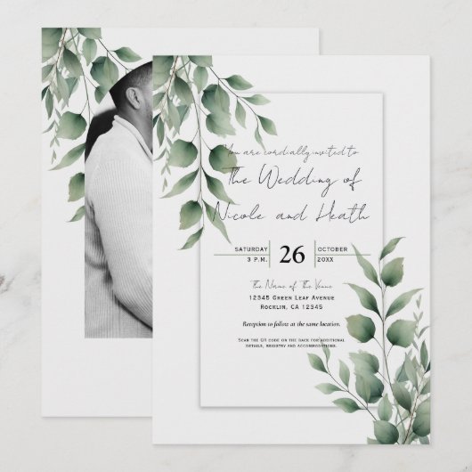 Invitation Mariage Blanc Moderne avec un Minimum de Feuillage (Devant / Derrière)