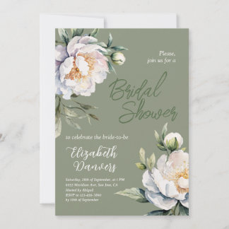 Invitation Mariage Blanc Moderne Paeonie Vert Sauge Floral Fê