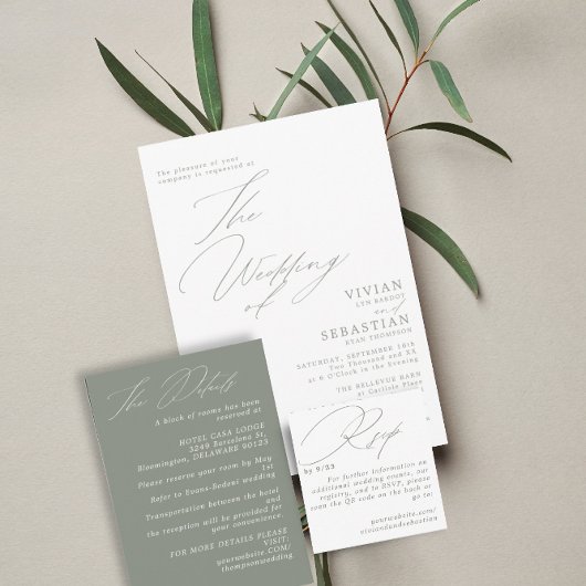 Invitation Mariage blanc moderne vert Sage