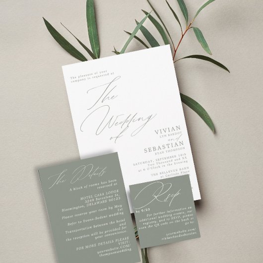 Invitation Mariage blanc moderne vert Sage