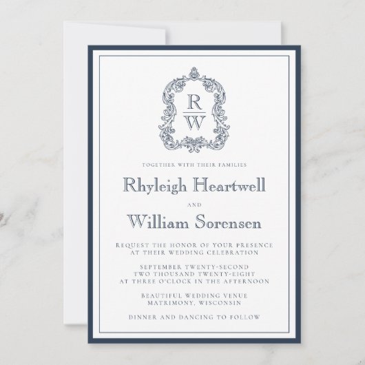 Invitation Mariage blanc Monogram Crest bleu de la marine cla (Devant)