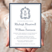 Invitation Mariage blanc Monogram Crest bleu de la marine cla