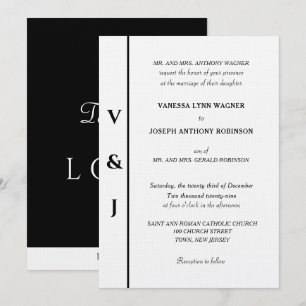 Invitation Mariage Blanc Monogramme Argent Noir