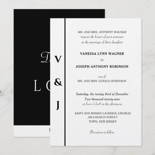 Invitation Mariage Blanc Monogramme Argent Noir (Devant / Derrière)
