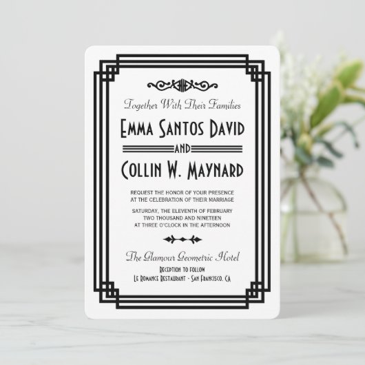 Invitation Mariage blanc & noir Art déco simple invite (Debout devant)