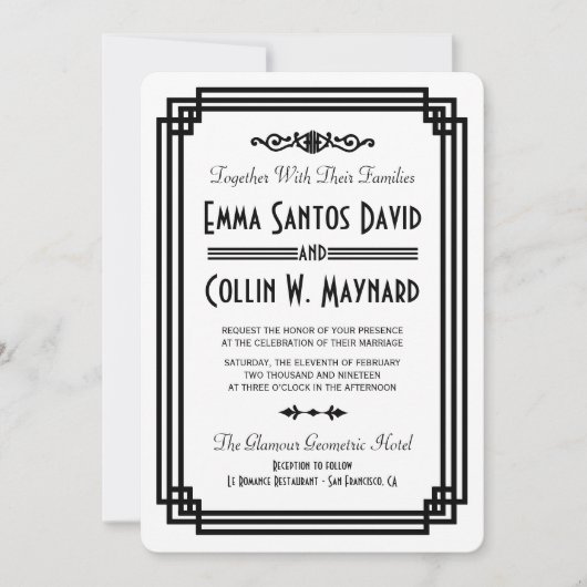 Invitation Mariage blanc & noir Art déco simple invite (Devant)