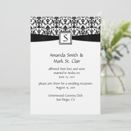 Invitation Mariage Blanc Noir Damassé Monogramme (Debout devant)