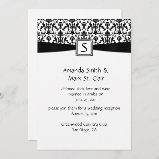 Invitation Mariage Blanc Noir Damassé Monogramme (Devant / Derrière)