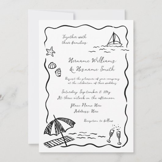 Invitation Mariage blanc noir noir dessiné à la main (Devant)