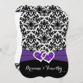 Invitation Mariage| Blanc noir pourpre| Damas| Coeurs (Devant / Derrière)