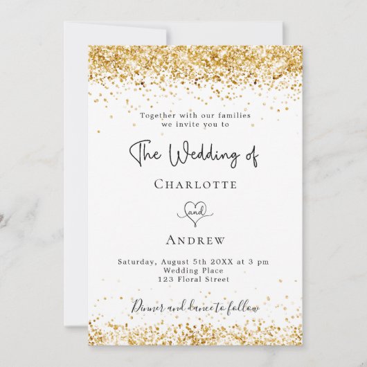 Invitation Mariage blanc or parties scintillant script élégan (Devant)