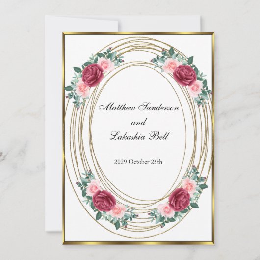Invitation Mariage Blanc Or Rose Rouge Fleurs Classique (Dos)