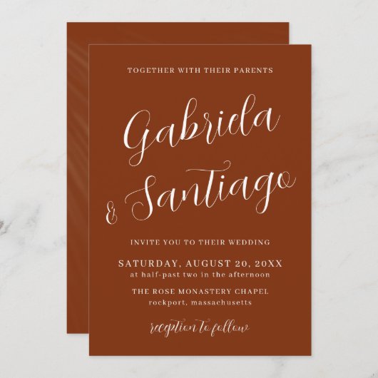 Invitation Mariage blanc orange brulé simple Script (Devant / Derrière)