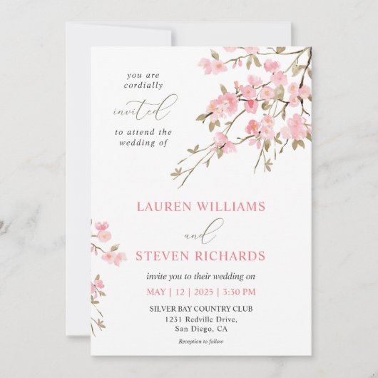 Invitation Mariage blanc personnalisé en fleurs de cerisier r (Devant)