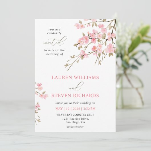 Invitation Mariage blanc personnalisé en fleurs de cerisier r (Debout devant)