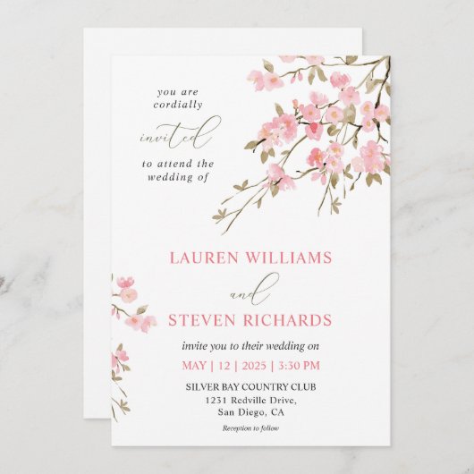 Invitation Mariage blanc personnalisé en fleurs de cerisier r (Devant / Derrière)