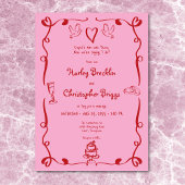 Invitation Mariage blanc rétro main dessinée rose rouge