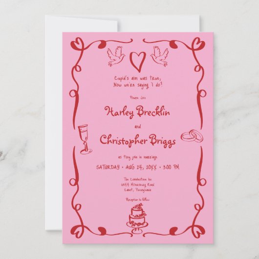 Invitation Mariage blanc rétro main dessinée rose rouge (Devant)