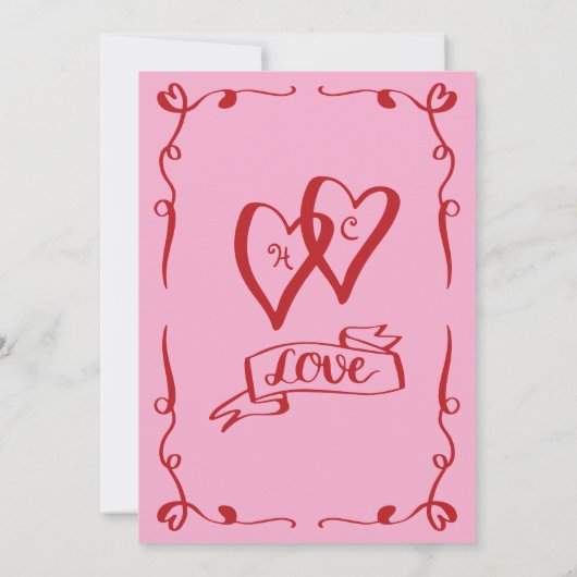 Invitation Mariage blanc rétro main dessinée rose rouge (Dos)