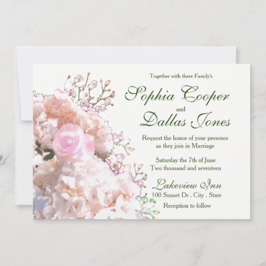 Invitation Mariage blanc romantique hydrangeas roses roses (Devant)