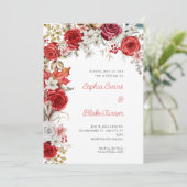 Invitation Mariage blanc romantique rouge et Rose blanc (Debout devant)