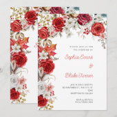 Invitation Mariage blanc romantique rouge et Rose blanc (Devant / Derrière)