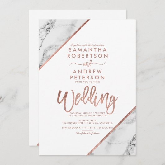 Invitation mariage blanc Rose en marbre d'or (Devant / Derrière)