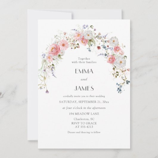 Invitation Mariage blanc rose Fleur sauvage (Devant)