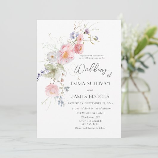 Invitation Mariage blanc rose Fleur sauvage (Debout devant)