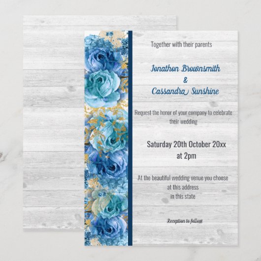 Invitation Mariage BLANC RUSTIQUE FLORAL JOLIE MARINE BLEU (Devant / Derrière)