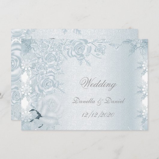 Invitation Mariage Blanc Silver Blue Roses Snowflakes (Devant / Derrière)