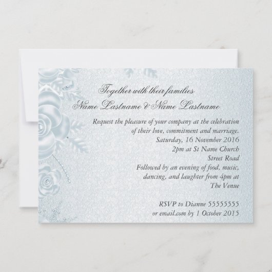 Invitation Mariage Blanc Silver Blue Roses Snowflakes (Dos)
