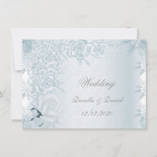 Invitation Mariage Blanc Silver Blue Roses Snowflakes