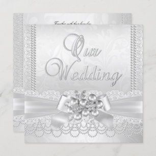 Invitation Mariage Blanc Silver Pearl Lace Damask Diamond