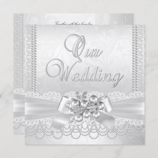 Invitation Mariage Blanc Silver Pearl Lace Damask Diamond (Devant / Derrière)