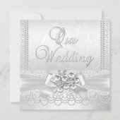 Invitation Mariage Blanc Silver Pearl Lace Damask Diamond (Devant)