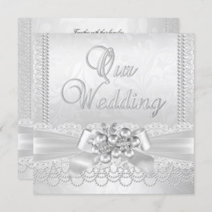 Invitation Mariage Blanc Silver Pearl Lace Damask Diamond