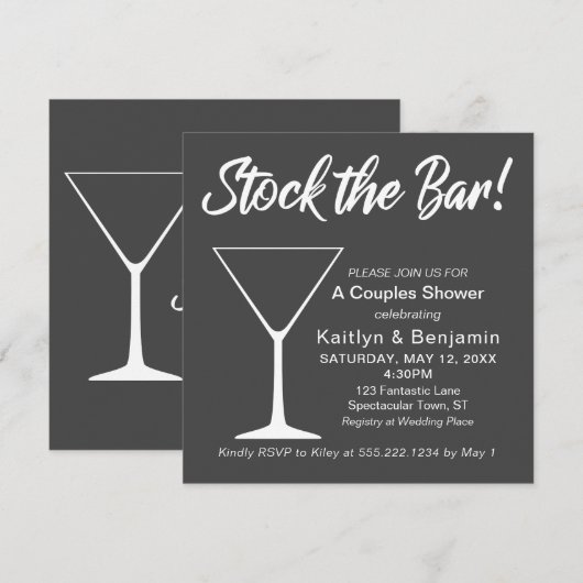 Invitation Mariage blanc sur fond gris Stockez le bar Script  (Devant / Derrière)