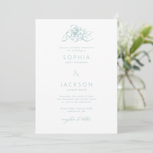 Invitation Mariage blanc vert en mousse de mer en fleur simpl (Debout devant)