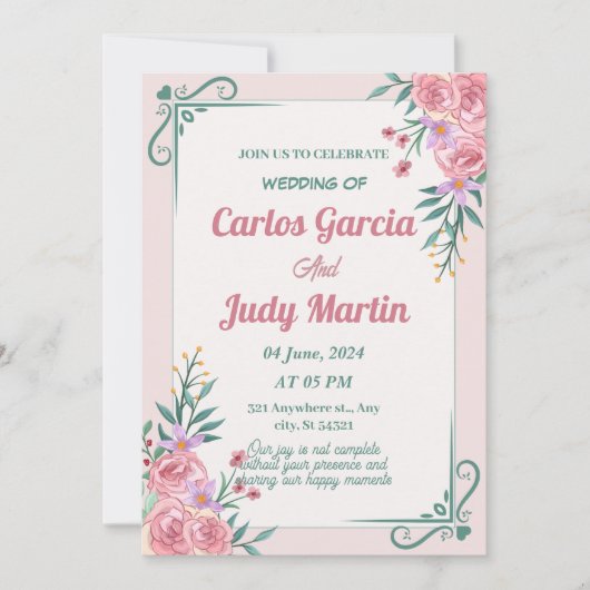 Invitation Mariage blanc vert et rose (Devant)