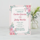 Invitation Mariage blanc vert et rose (Debout devant)