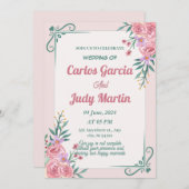 Invitation Mariage blanc vert et rose (Devant / Derrière)